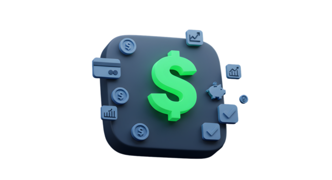 A stylized rendering of a dollar sign surrounded by financial icons on a dark background illustration