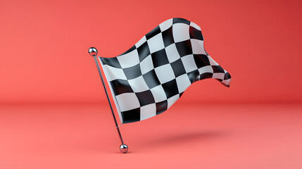 A vibrant checkered flag waves elegantly against a coral background, symbolizing victory and competition.