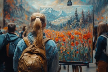 Art enthusiast observing landscape painting at gallery mountain view visual art indoor aesthetic appreciation