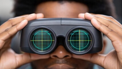A closeup view of someone calibrating the augmented reality glasses with the digital display highlighting a grid overlay for precise alignment and measurement adjustments.