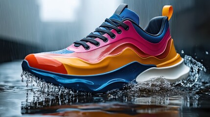 Colorful athletic sneaker with water splash in urban setting