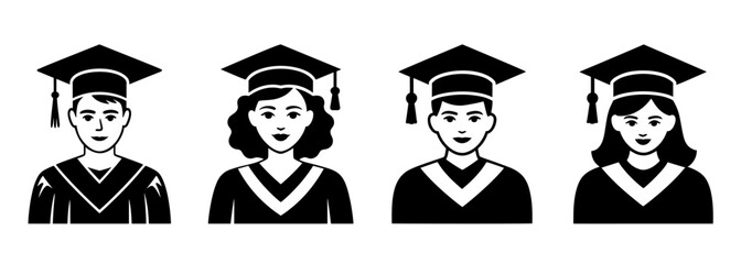 Silhouettes of four graduate students, vector illustration