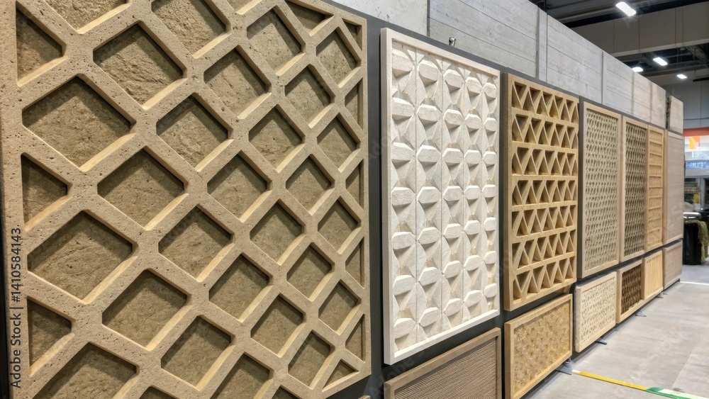 Poster A detailed capture of modular wall panels made from recycled materials with a focus on the gridlike pattern that aids in maximizing surface area for CO2 absorption while providing