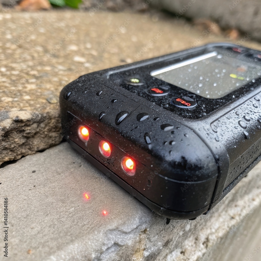 Aufkleber A detailed closeup of a temperature logger device showing LED indicators with faint reflections on its glossy surface contrasting against the rough texture of the adjacent