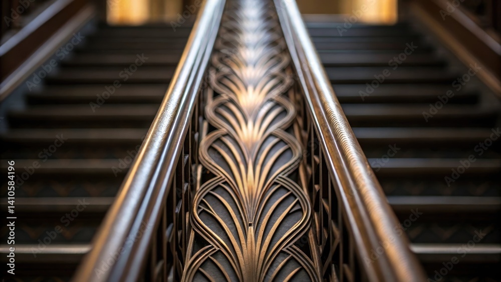 Poster A detailed closeup capturing a stair railing with an artistic abstract design focusing on the flowing lines and how they interact with surrounding surfaces presenting a dynamic