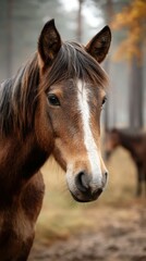 Obraz premium Brown horse with a white stripe stands in a misty forest during early morning light