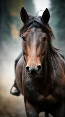 Majestic horse galloping through a misty forest at dawn, showcasing its beauty and strength in a tranquil natural setting