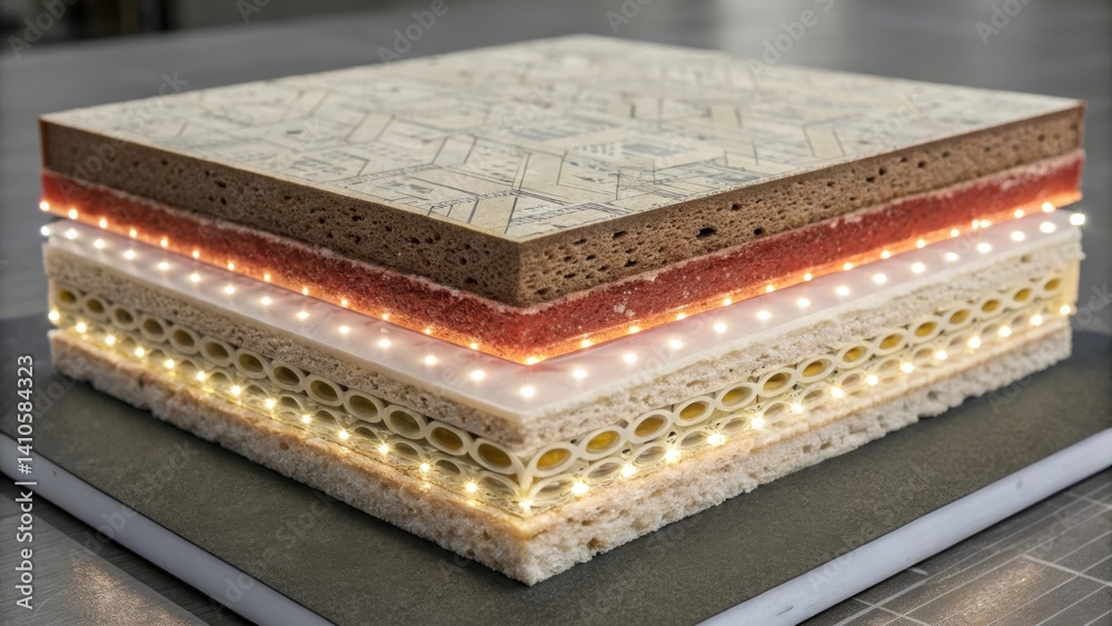 Aufkleber A detailed illustration of a composite material used in a digital twin model showcasing the microscopic layering and bonding within the material structure illuminated to enhance