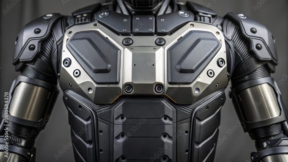 Poster A detailed image of the reinforced arm section of a heavyduty exoskeleton emphasizing the use of lightweight durable materials crafted to withstand demanding loads.