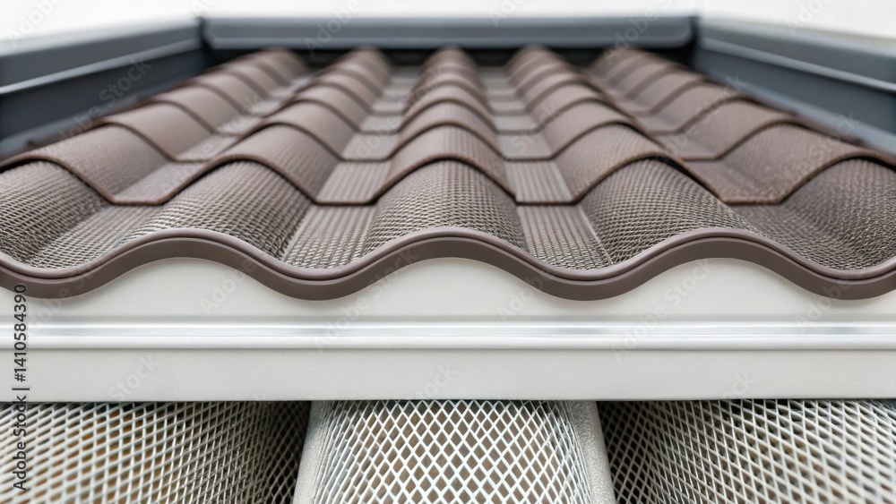 Poster A detailed image of the underside of a roofing tile revealing the advanced filtration system within with fine mesh materials designed to purify rainwater before it enters the