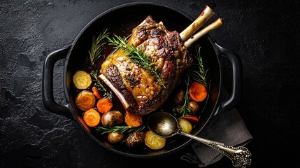High-end culinary styling of beef shank with visible bone marrow, paired with root vegetables and antique silver spoon, perfect for gourmet soup campaigns