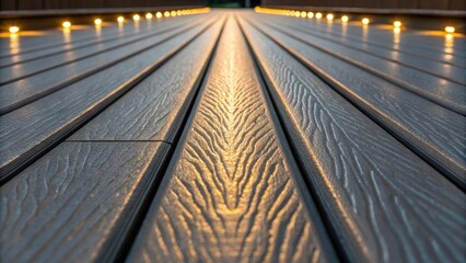 A detailed image of the textured surface of a prefabricated bridge plank featuring integrated lighting elements that create patterns of light as they reflect off the unique finish.