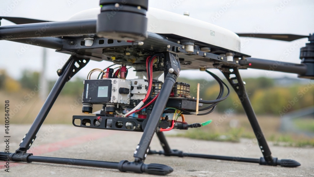 Aufkleber A detailed view of the drones undercarriage featuring sophisticated sensors and GPS modules that assist in its automated navigation with bolts and wiring intricately interwoven.