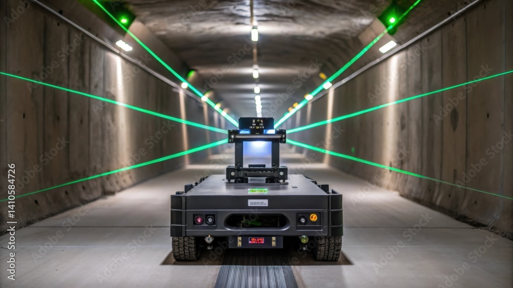 Aufkleber A detailed view of the laserguided navigation system on the robotic platform beams of light projected onto the tunnel walls for precision alignment.