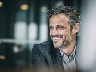 Fototapeta premium Confident mature businessman smiling in an office environment, representing success and leadership. Perfect for corporate websites, business articles, and executive profiles.