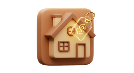 A stylized house icon with a price tag featuring a dollar sign on a brown rounded square background