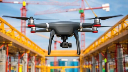 A focused shot of a drones underside featuring spinning rotors and sensors surrounded by a vibrant construction environment emphasizing its role in gathering vital data for