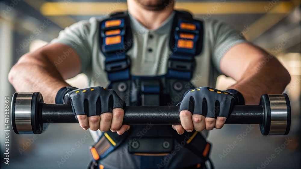 Poster A medium closeup capturing a workers hands gripping a heavy object while wearing the exoskeleton showcasing the synergy between human strength and mechanical assistance.
