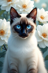 A serene Siamese cat with captivating blue eyes, nestled amongst delicate white blossoms, exudes tranquility and grace in a soft, dreamy light.