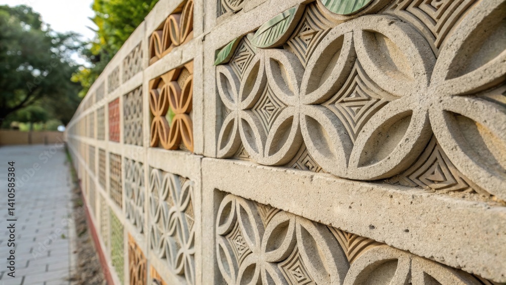 Poster a medium closeup capturing the intricate patterns of a sustainably constructed wall made with lowcar