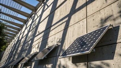 A medium closeup capturing the texture of photovoltaic panels mounted on a concrete wall with shadows creating a dynamic pattern from surrounding architecture.