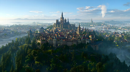 Aerial View Of A Medieval Hilltop City In Misty Morning Light