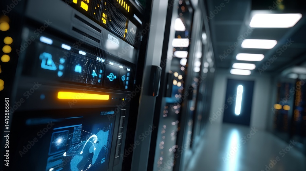 Poster rows of rack servers in a working data center are connected with lines visualizing their ethernet co