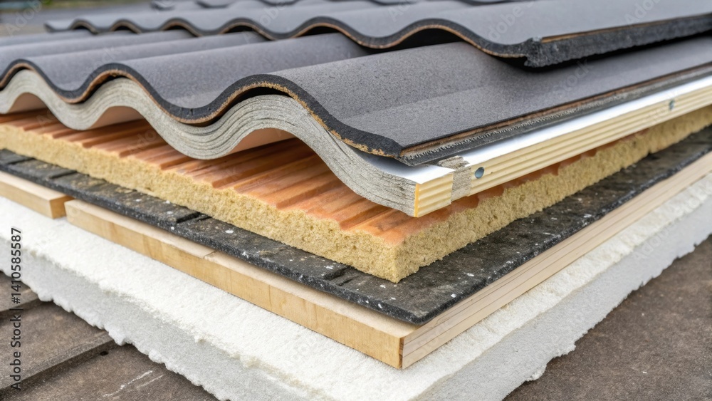 Poster A medium closeup featuring a crosssection of a multilayered roofing assembly highlighting insulation structural components and the airflow design that contributes to wind