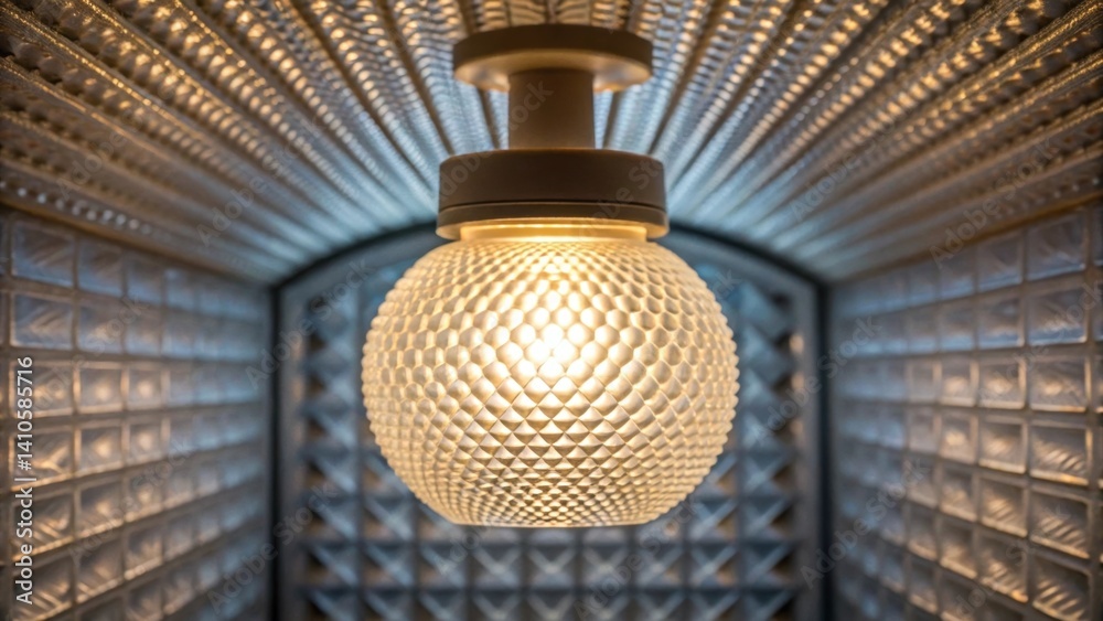Poster A medium closeup focusing on an energyefficient light fixture inside a 3Dprinted home created from recycled glass with the light reflecting off the textured surface.