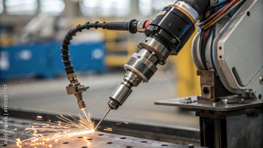 Poster A medium closeup focusing on the robotic welders nozzle with a detailed view of the cooling mechanisms and protective casing designed for hightemperature environments.