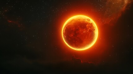 Fototapeta premium Dramatic red moon rising over cloud-covered horizon in the sky high resolution picture