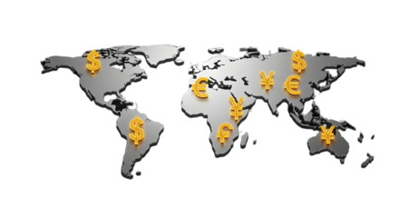 World map with dollar euro and yen symbols in gold representing global finance and currency exchange