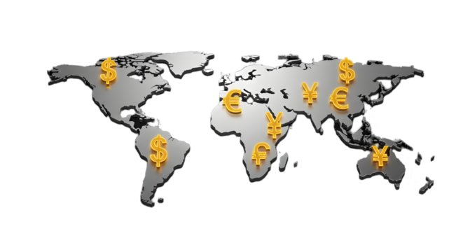 World map with dollar euro and yen symbols in gold representing global finance and currency exchange