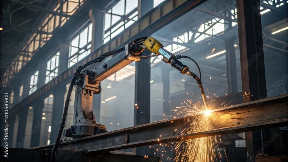Poster a medium closeup highlighting the welding torch of the robotic welder emitting a bright arc of molte