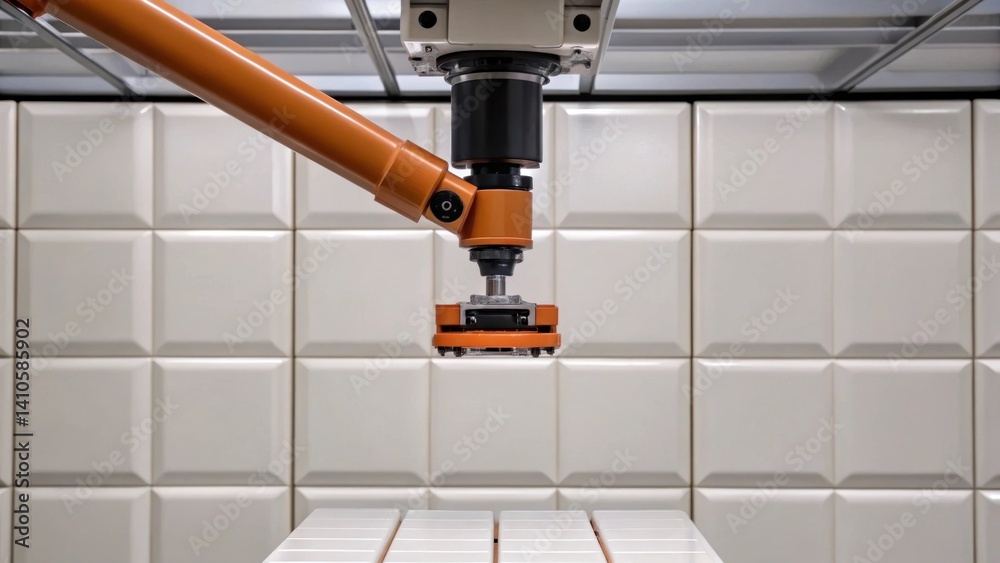 Poster A medium closeup highlighting the delicate interaction between the robotic arm and a newly installed ceiling tile capturing the moment of placement with a focus on the arms