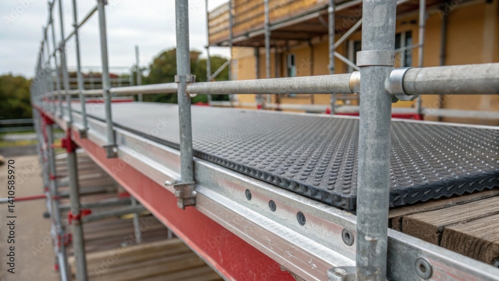 Aufkleber A medium closeup highlighting the reinforced edges of the scaffold platform featuring a textured surface that enhances grip and reduces slip hazards.
