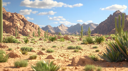 Desert Mountain Landscape With Cacti And Plants