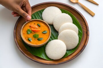 Traditional South Indian breakfast dish featuring soft steamed idlis served with flavorful vegetable sambar on a banana leaf, presented in a wooden plate.

