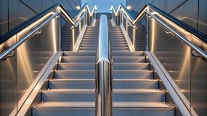A medium closeup image capturing a stair railing with a futuristic angular design reflective surfaces and a seamless integration with the stair structure highlighting its