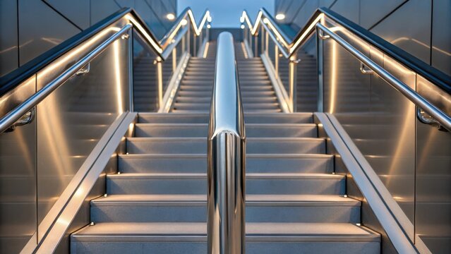A medium closeup image capturing a stair railing with a futuristic angular design reflective surfaces and a seamless integration with the stair structure highlighting its