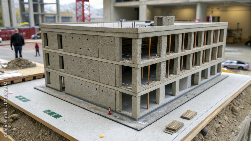 Aufkleber A medium closeup image of a concrete building model highlighting the layering of materials and embedded sensors with a focus on the realistic texturing of the exterior finish and