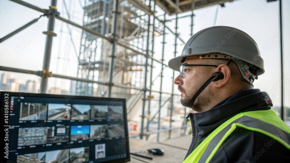 Poster A medium closeup image of an operator monitoring the scaffolding assembly from a distance surrounded by a blend of digital displays and live video feeds.