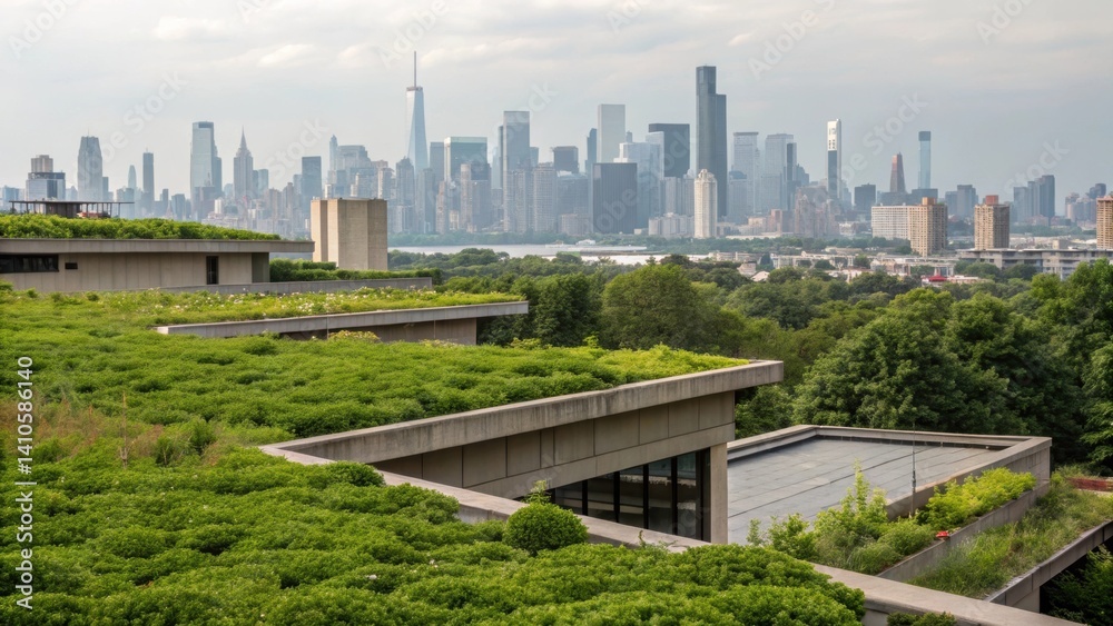 Poster A medium closeup image of a city skyline in the background framed by lush green rooftops that provide a stark contrast to the concrete structures emphasizing urban cooling effects.