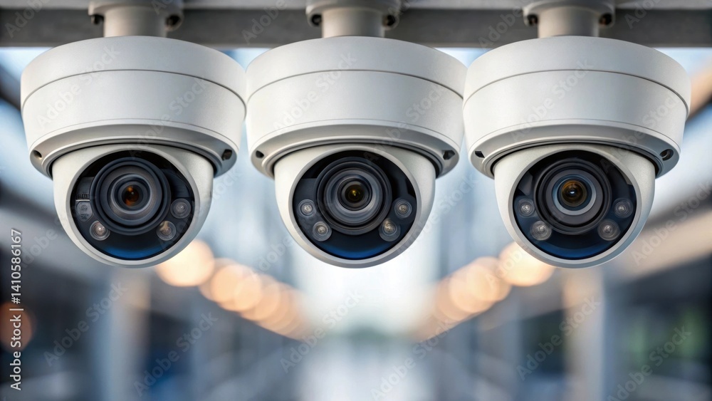 Poster A medium closeup image of a network of security cameras positioned to monitor site access points highlighting their compact design and advanced lens technology for clear vision.