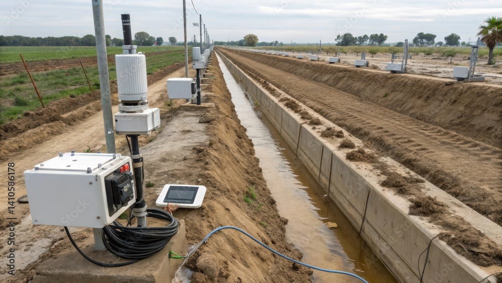 Poster A medium closeup image of drainage channels lined with smart aggregation equipment monitoring and directing water flow away from critical areas while minimizing erosion.
