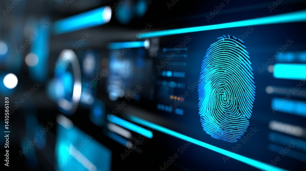 Poster a 3d rendering illustrates the concept of digital biometric security and identification using finger