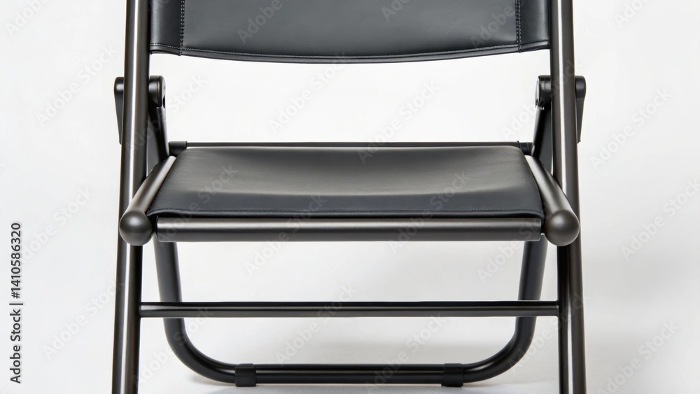 Poster A medium closeup of a collapsible chair displaying a unique folding mechanism with a focus on the quality finish and ergonomic contours designed for comfort.