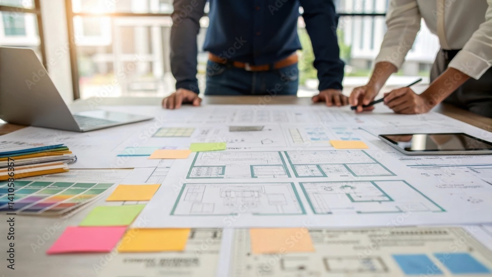 Aufkleber A medium closeup of a collaborative design table featuring multiple designers discussing a detailed printout of an energyefficient building layout with sketches and notes tered