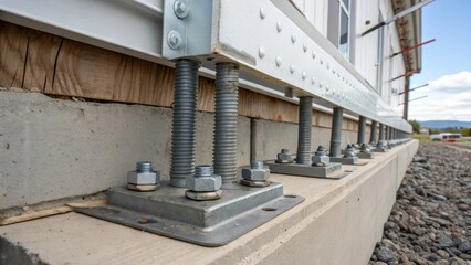 A medium closeup of a buildings anchoring system displaying heavyduty bolts and braces that secure the structure to its foundation providing stability during seismic events.