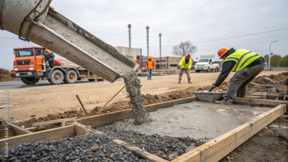 Aufkleber a medium closeup of a construction site where a new foundation is being poured using a sustainable c